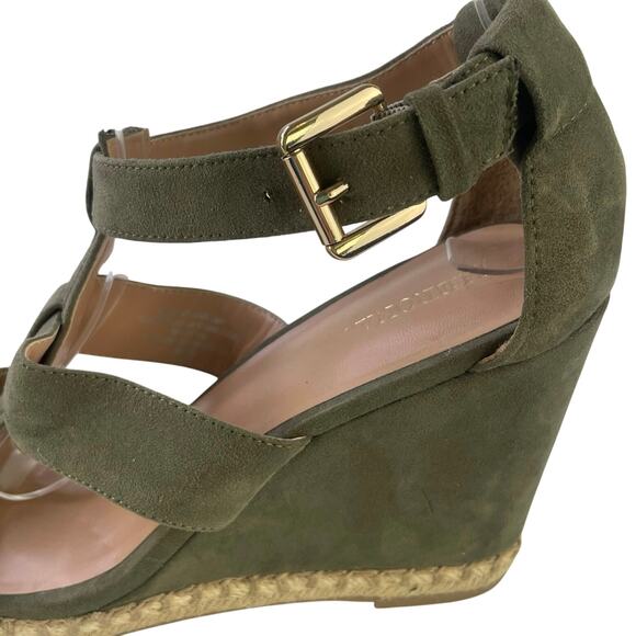 Merona Womens Open Toe Faux Suede 4" Wedge Olive Green Gold Buckle Strappy S 9 - Picture 7 of 12
